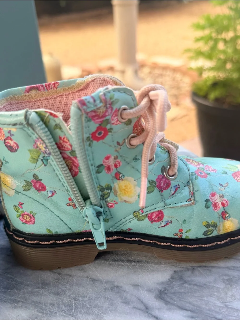 UK Brand Mint Floral Lace-Up Toddler Girls Combat Boots